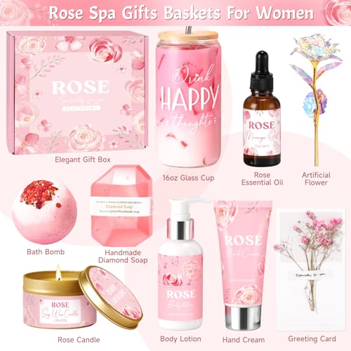 Birthday Gifts for Women, Rose Relaxing Spa Gift Basket for Women Friendship, Self Care Package Get Well Soon Thank You  - Additional View