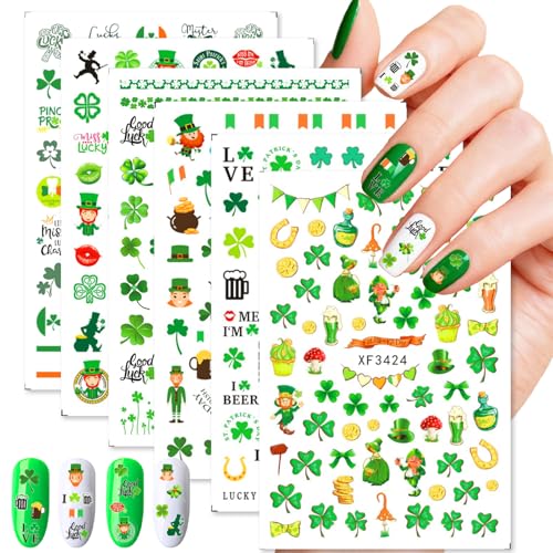 6 Sheets St. Patrick's Day Nail Art Stickers Green Shamrock Self-Adhesive Nail Charms Decals for Women Men DIY Nails Art Stickers Saint Patricks Day Manicure Decoration