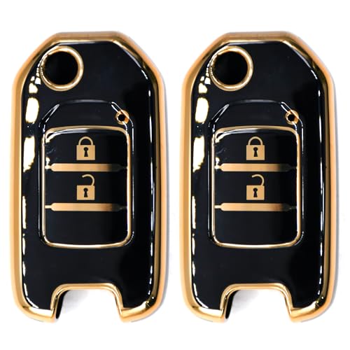 Image of KMH TPU Gold Car Smart Key Cover Compatible for Honda City, Civic, Jazz, Amaze, CR-V, WR-V, BR-V 3 Push Button Smart Key Shell Case Holder, Key Protector (Black Gold) Pack of 2