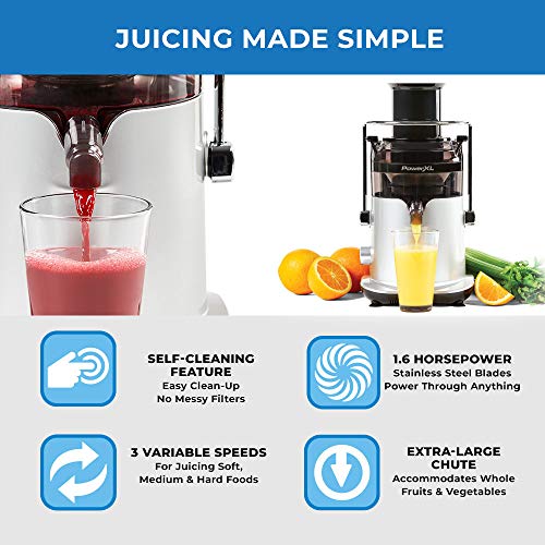 PowerXL Self-Cleaning Juicer Machine, Centrifugal Juice Extractor for Fruit and Vegetables with Anti-Drip, Extra-Wide Chute, Stainless Steel Blade, BPA-Free, Recipe Book