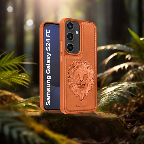 Image of Vaku Luxos Lion Embossed Back Cover Case for Samsung Galaxy S24 FE 5G Premium Leather Stitched Soft Shockproof Protective TPU Phone Case Camera Screen Protector- Brown