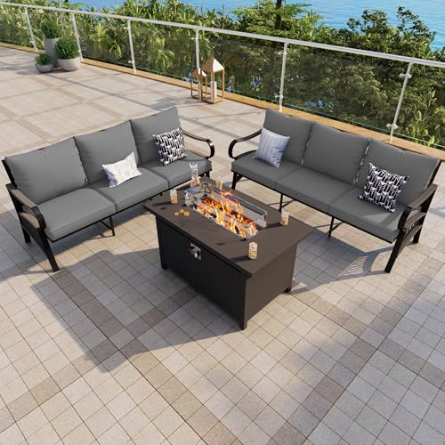 Image of Outdoor Furniture Set, Patio Conversation Set Include 2 x 3-Seater and Fire Pit Table for Deck, Porch, Garden, Backyard, Poolside (Gray, 3-Piece)