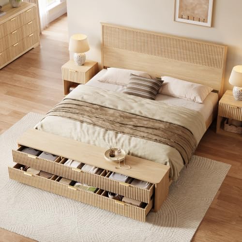 Image of LINSY Fluted Bohe King Bed with Headboard and Storage Bench, Natural Oak
