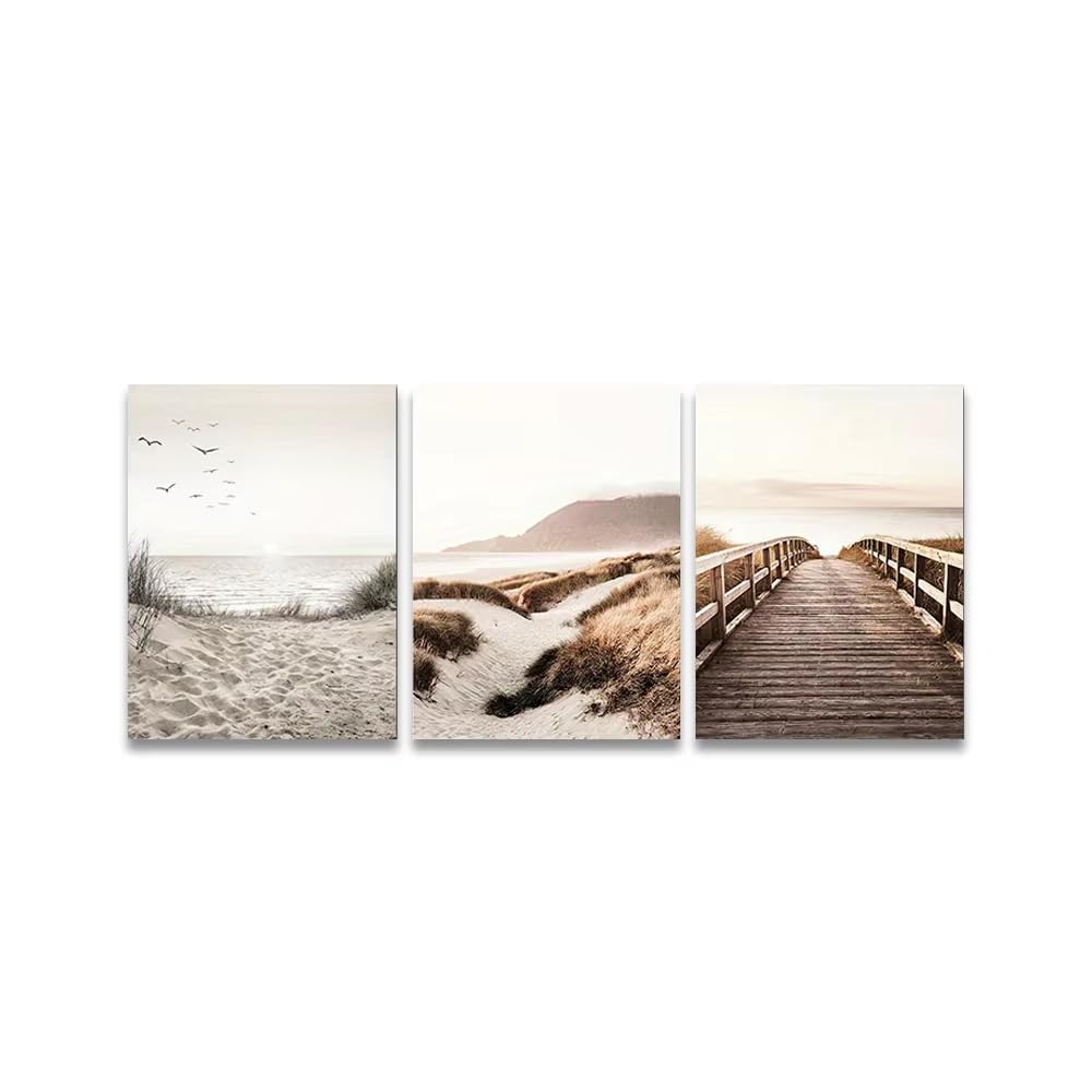 XIANGPEIFBH 3PCS Nature Seascape Canvas Painting Grass Bridge Beach Sunset Wall Art Poster Modern Nordic PrintsPicture Home Decor((70x100cm/28x39in) x3/Unframed)