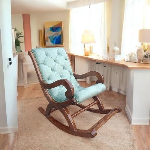 Image of Solid Sheesham Wood Rocking Chair for Living Room | Ergonomic Resting Chair for Relaxing and Pregnant Women (Sky-Blue)