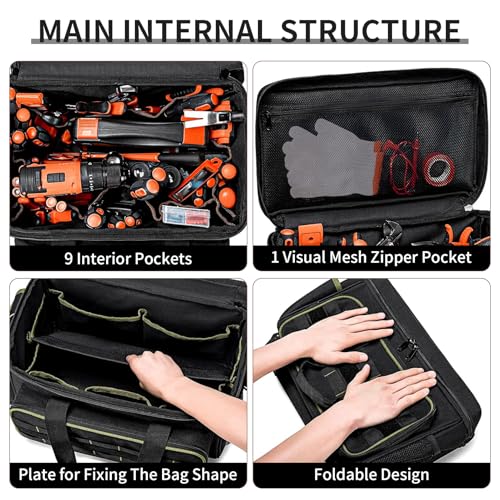 Garvee Tool Bag for Men, 17-Inch Durable Oxford Tool Tote with Padded Handle & Adjustable Shoulder Strap, Multi-Pocket Storage Organizer for Electrician, Carpenter, Handyman, Mechanic blackgreen - image 3