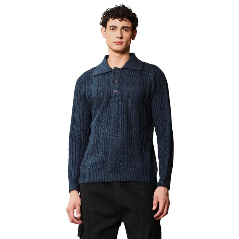 cahoot Men's Sweater | Point Collar, Cuffed Sleeves, Half-Button Closure, Ribbed-Straight Hem | Solid Jacquard for Casual-picture-34