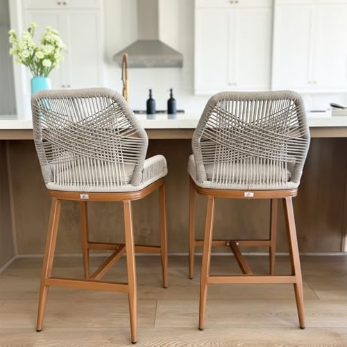 Image of PURPLE LEAF Outdoor Counter Height Bar Stools Chair Set of 2 Modern Patio Metal Stools with Backrest and Arm, Cushions Included