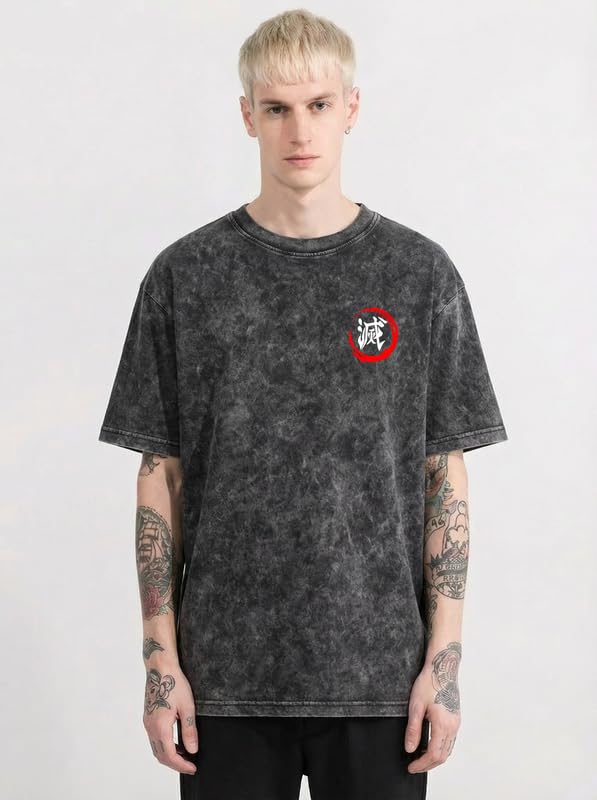 Image of Anime Printed T Shirt for Men | Demons Slayer Giyu Graphic Cotton Oversized Drop Shoulder | Black Round Neck Short Sleeve | Lightweight Casual Wear