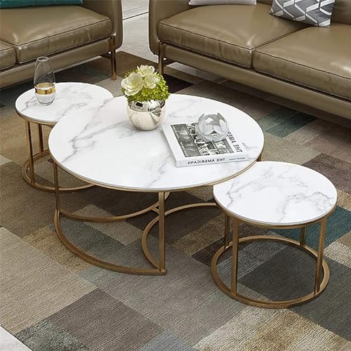 Image of Wood 3 Piece Living Room Table Set, 1 Center Table And 2 End Nesting Tables Round Stacking Coffee Side Table For Small Space, Nightstand Bedside Table White And Golden