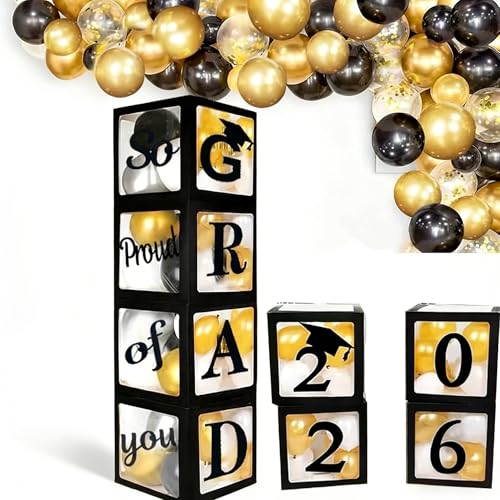 AM ANNA Graduation Balloon Box Set Black Transparent Boxes Letter Balloons GRAD and So Proud of You 2026 Party Decoration 4 Boxes NOT Included Balloons