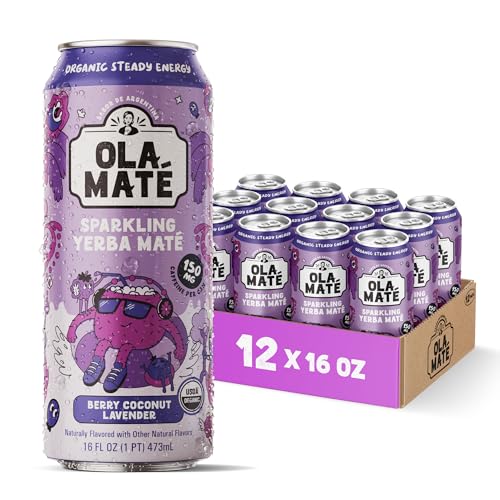 Yerba Mate Energy Drink - Low Sugar Sparkling Tea Cans with Ashwagandha, Lion’s Mane, USDA Organic Clean Energy Drink with 150mg Natural Caffeine, Ola Mate Berry Coconut