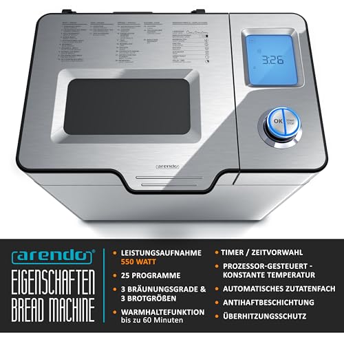 Arendo - Brotbackautomat inkl. automatisches Zutatenfach - Brotbackmaschine - 25 Programme - glutenfreies Backen – Joghurtfunktion - 1 kg Kapazität - Direktantrieb - Antihaftbeschichtung - BPA-frei – Bild 3