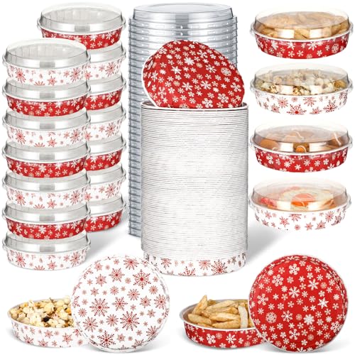 Filltouch 50 Set Christmas Loaf Pans with Lid Disposable Snowflake Extra Large Baking Pans 750ml 20 oz Round Holiday Baking Pans for Bread Cake Meatloaf Baked Goods Freezer Microwave Oven Safe