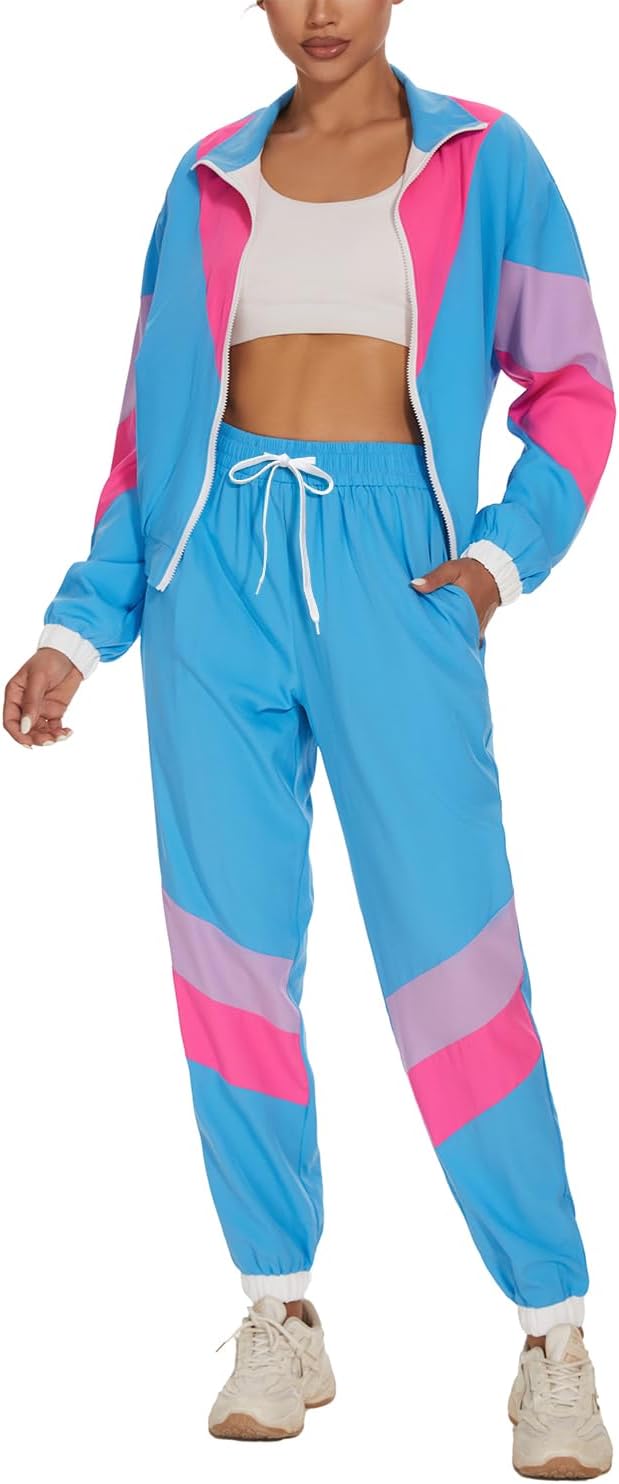 UOUA Women's Color Block 2 Piece 80s 90s Outfits Long Sleeve Windbreaker Jacket Tracksuit Set