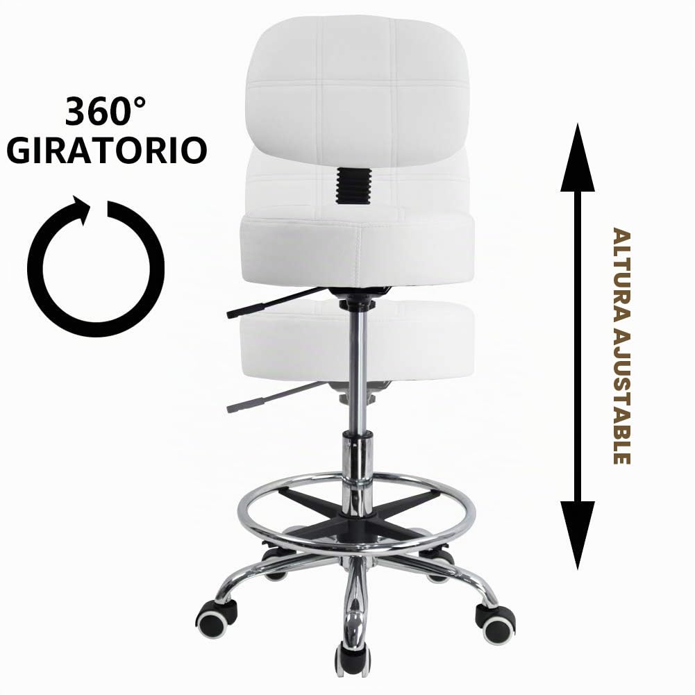 KKTONER Taburete de Laboratorio de Cuero PU Giratorio Redondo Silla de Trabajo con Respaldo Ajustable en Altura (Blanco)