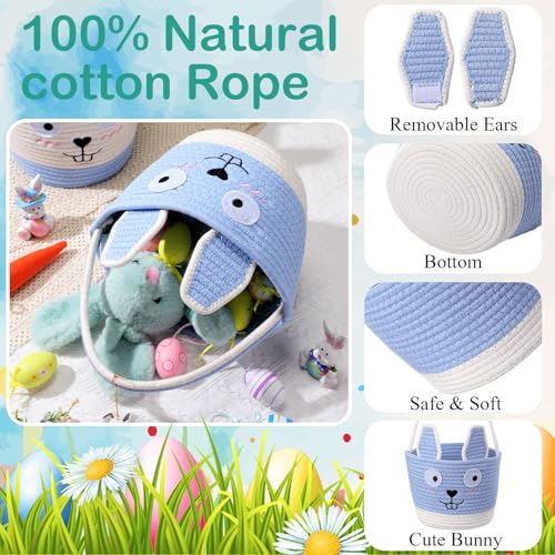 Image of Zopeal 2 Pcs Blue Easter Baskets Woven Rope Bunny Gifts Basket with Ears Large Empty Egg Storage Basket for Easter Party, 9.8 x 7.8 x 7.8 Inch
