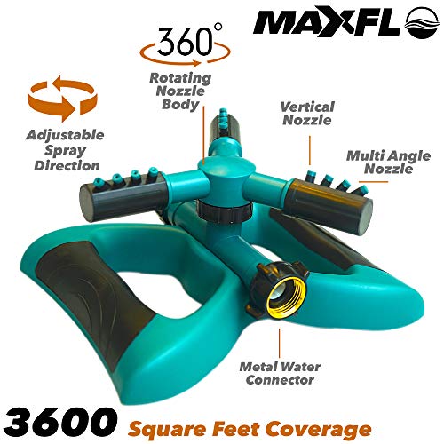 MAXFLO Sprinklers for Yard | Heavy Duty Water Sprinklers for Lawn | Oscillating Hose 360 Degree Rotary Sprinkler Watering System | Large Coverage Area | Quick Leakproof Connection