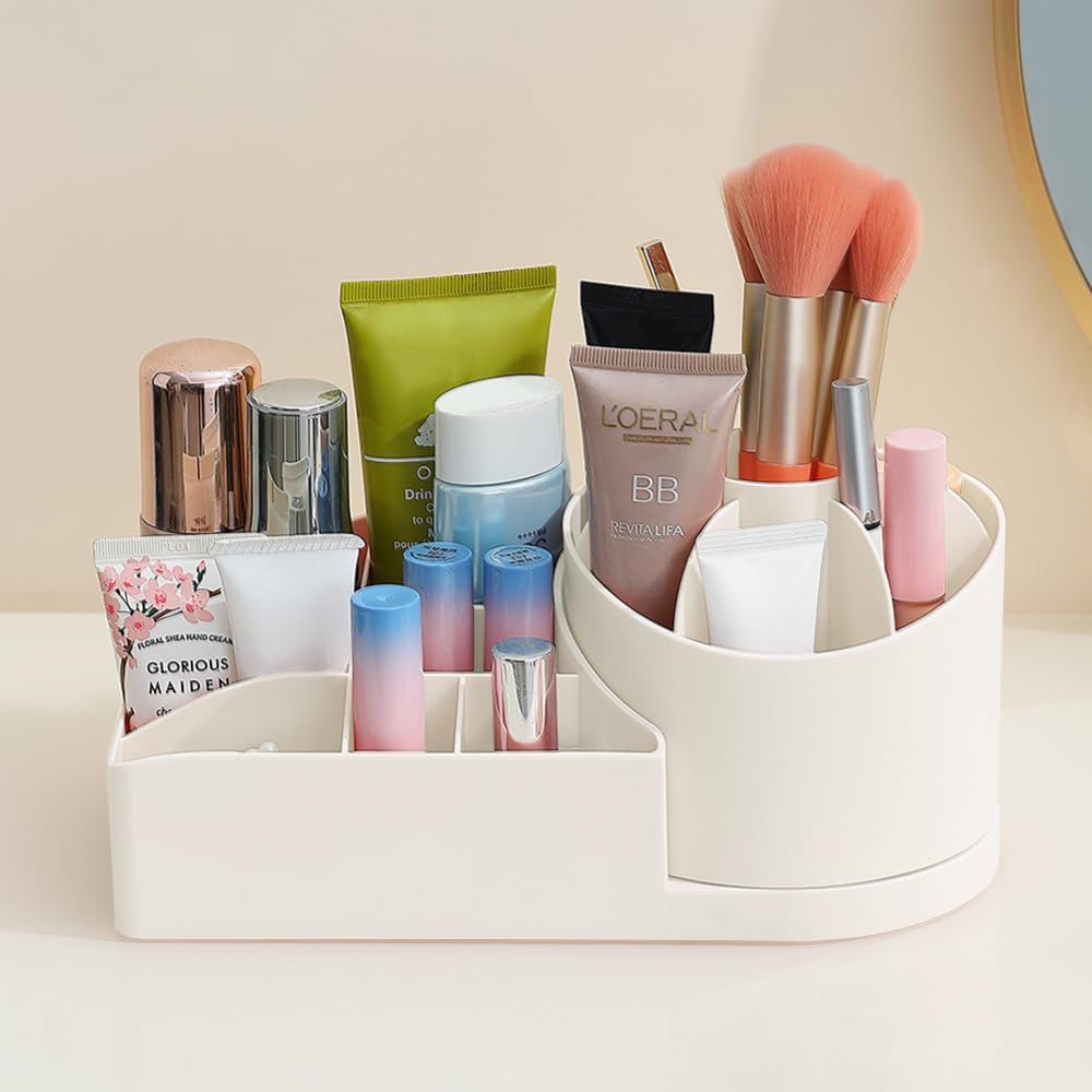 KRYLAR-360° Rotating Makeup Organiser Spinning Display Rack with Compartments for Makeup Storage Desk Organization Home Supplies for Lipsticks, Cosmetics, Bathroom Vanities,Perfume-white color KRYLAR-360° Rotating Makeup Organiser Spinning Display Rack with Compartments for Makeup Storage Desk Organization Home Supplies for Lipsticks, Cosmetics, Bathroom Vanities,Perfume-white color