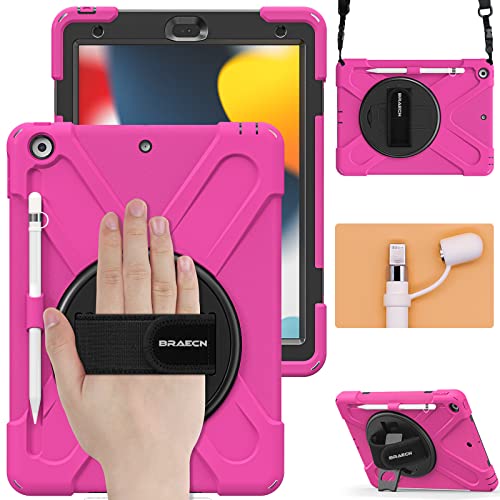 BRAECN iPad Case 9th/8th/7th Generation, 10.2 Inch iPad Case with Hand Strap, Dropproof Kids Case with Kickstand, Shoulder Strap, Pencil Holder, Pencil Cap Holder for 2021/2020/2019 10.2