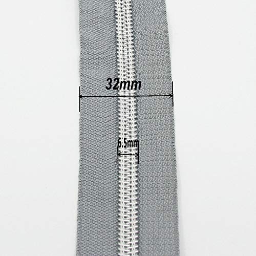 Image of Leekayer #5 Metallic Silver Nylon Coil Zippers by The Yard Bulk 10 Yards Grey Tape with 25pcs Silver Sliders for DIY Sewing Tailor Craft Bag(Grey)