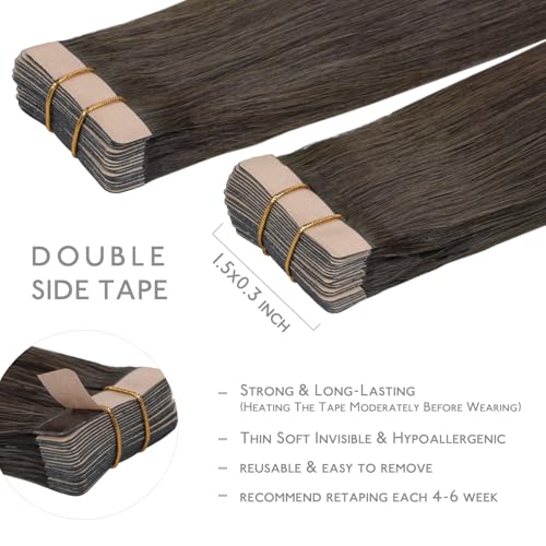 Image of WENNALIFE Tape in Hair Extensions Human Hair, 20pcs 50g 22 inch Cool Dark Brown