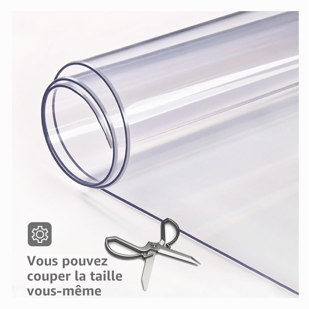 Nappe de table imperméable en PVC transparent de 1,5 mm - Facile à nettoyer - Pour la maison et la cuisine - Transparente - 90 x 220 cm