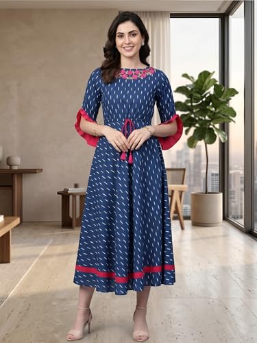 Image of Yash Gallery Women's Fit And Flare Calf Length Cotton Ikat Printed Flared Dress
