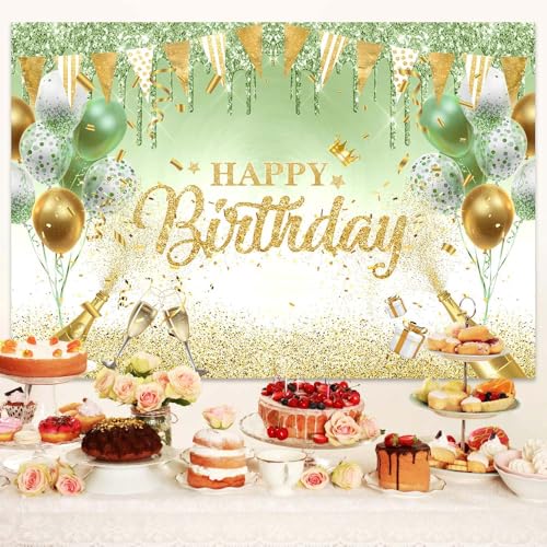 Image of Sage Green Birthday Banner - 71 x 43 Inch Green Glitter Ballon Photography Background Women Girls 18th 20th 21st Birthday Party Banner Decorations Supplies Photo Booth Props