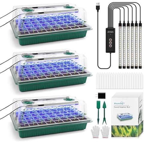 BlumWay Seed Starter Tray with Grow Light,3 Pack 120 Cells Seedling Tray with Humidity Dome/Indoor Grow Kit for Deep-Rooted Seedlings,Adjustable/Timed Light Plant Starter Set Cover