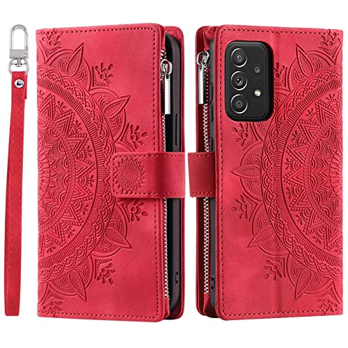 Custodia a Portafoglio per Samsung Galaxy A52 A52 5G A52S 5G con Motivo Floreale Scomparti per Carte di Credito pelle - Rosso