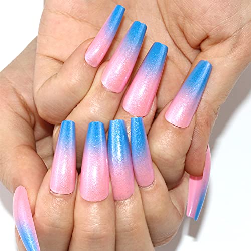 BELICEY Extra Long Press on Nails for Women Ballerina Coffin False Nails Gradient Color Full Cover Glossy Fake Nails Tips for DIY Nail Art Decoration (Pink-Blue)