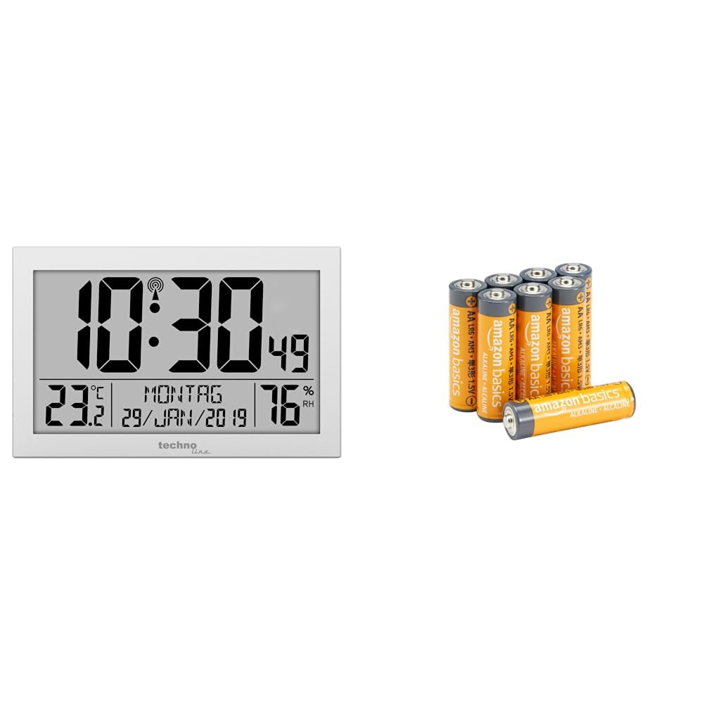 techno line WS8016 WS 8016 - Orologio da parete radiocontrollato con indicatore di temperatura, in plastica, colore: argento, 225 x 143 x 24 mm + Amazon basics confezione da 8 AA