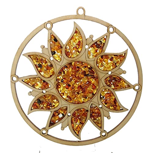 Window Decoration Suncatcher Amber in Birch Wood "Sun II" Diameter 30 cm Includes Suction Cup Hooks 35 mm - Image 2