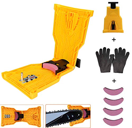 Chainsaw Sharpener, Chain Saw Tool Blade Wedge, 14/16/18/20 Inch Chainsaw Teeth Sharpener, Bar Mounted Stone Grinder with 4 Whetstones and 1 Pair Work Gloves