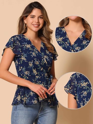 Allegra K Wrap Tops for Women's Floral Printed V Neck Slit Sleeve Tie Waist Peplum Blouse2