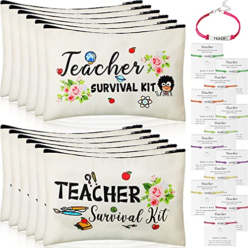 24 Pieces Teacher Appreciation Present Set, 12 Teacher Survival Kit Bag Makeup Pouch Bag, 12 Teacher Blessing Card Bracelet, Teacher Cosmetic Bag Kit for Teacher's Day (Elegant Style,9.1 x 5.9 Inch)