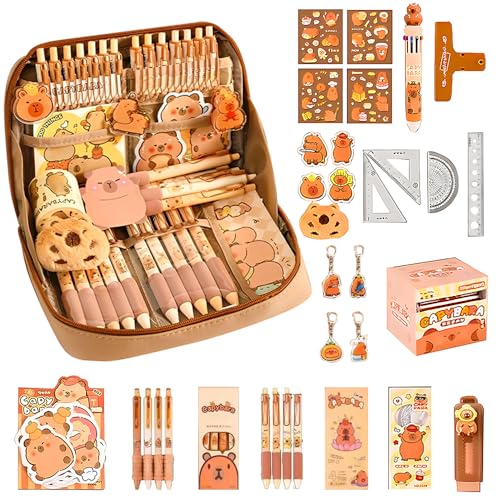 WDKXCN Capibara Papeleria, 54pcs Kawaii Estuche Capibara con Pegatinas Capibara, Bolígrafos, Reglas y Más, Set Papeleria para Niños, Organizador de Lápices de Apertura Amplia para Estudiantes
