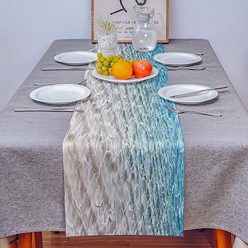 Blue Yellow Cotton Linen Table Runner Dresser Scarf Tropical Sandy Beach Clear Sea Water Non-Slip Burlap Rectangle Table Setting Decor for Wedding Party Holiday Dining Home, 13x70 Inches Long - Image 5