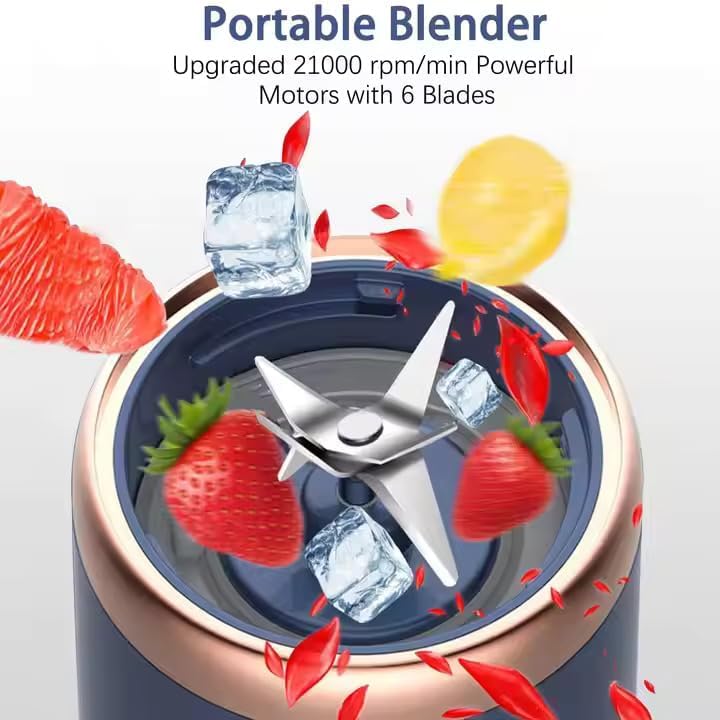 Image of Portable Blender for Smoothies & Juices, USB Rechargeable Mini Juicer Mixer Grinder, 6 Stainless Steel Blades, 3 Speed, 400ML Jar, 40W Motor, 1500mAh Personal Smoothie Maker for Travel Gym Home