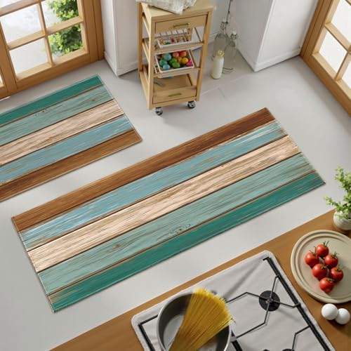 Wooden Kitchen Rugs Sets of 2 Non Slip Rustic Blue Brown Teal Turquoise Farmhouse Kitchen Mats for Floor with Rubber Backing Washable Kitchen Runner Rug Carpet 17"x47"+17"x30" for Hallway Laundry by Czeservior - Used condition - Image 6