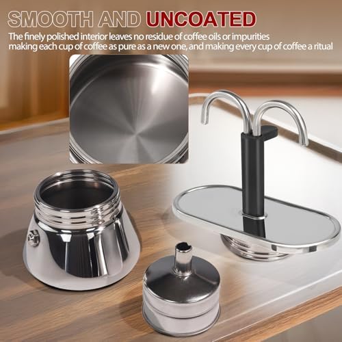 Uncoated 2 Cup Dual Pipe Moka Pot 304 Thickened Stainless Steel Mini Coffee Maker Stovetop Espresso Coffeemaker Italian Classic Style Brewing Greca Cafe Mocha Machine for Camping Travel Home 150ml - Thumbnail 4