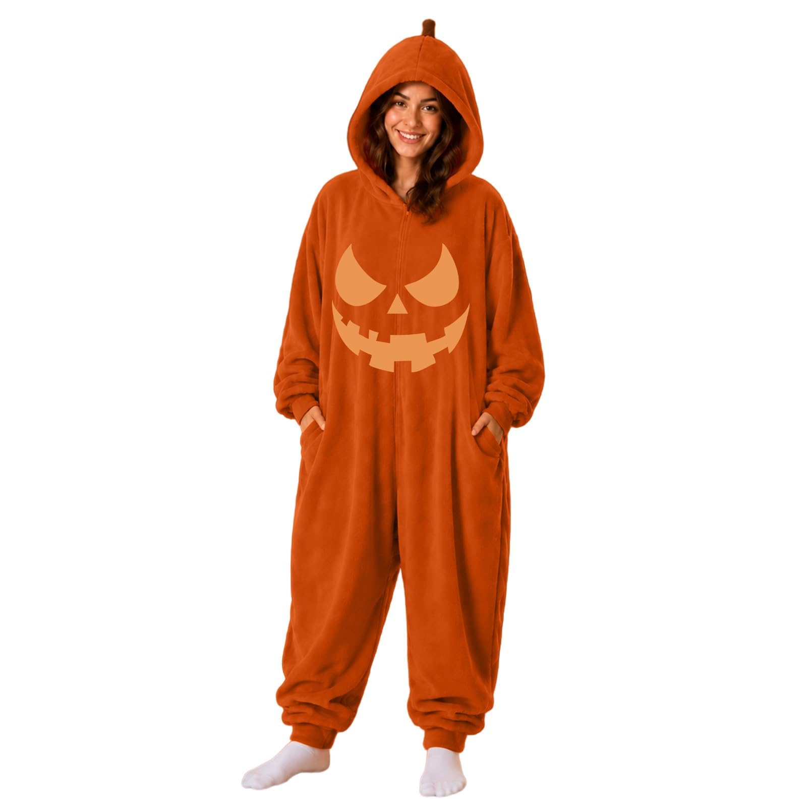 Pigiama Intera Halloween Donna, Costume Halloween Zucca con Cappuccio, Tuta Onesie in Pile Decorazioni, Pigiama Completo Adulto da Casa per Carnevale, Festa, Cosplay, Natale e Serate a Tema