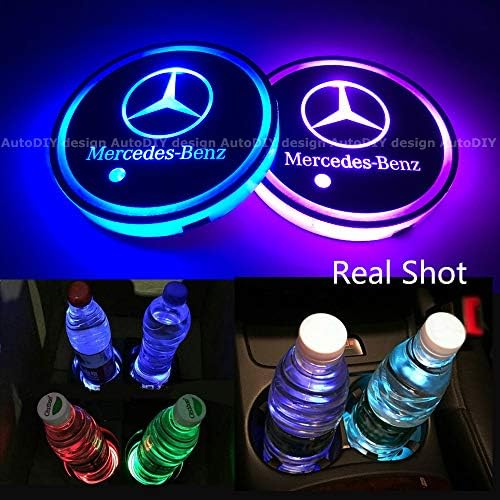 AutoDIY Led Car Logo Cup Lights up Holder USB Charging Waterproof Bottle Drinks pad 7 Colors Changing Atmosphere Lamp mat Cars for Luminous Coasters 2PCS (for Mercedes Benz)