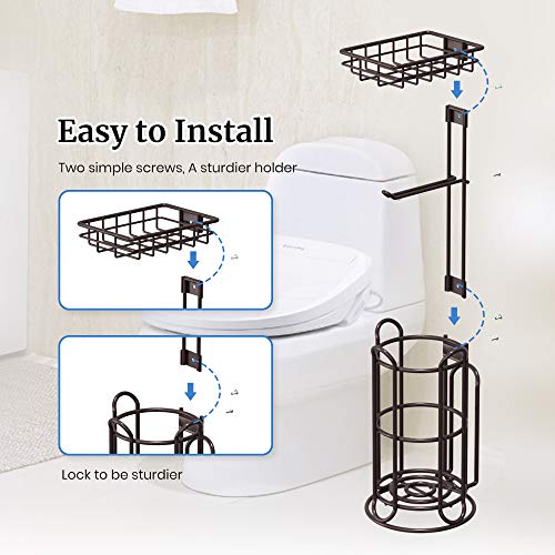 TreeLen Black Free-Standing Toilet Paper Holder with Shelf Tissue Roll Dispenser and Magazine Rack Fits Mega Rolls, Phone, and Wipes - Image 2