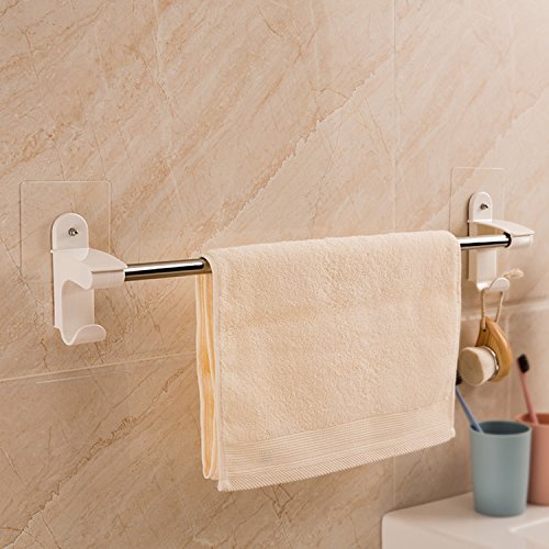 Image of HOKIPO Plastic Magic Sticker Series Self Adhesive Towel Rod And Napkin Holder For Bathroom And Kitchen With 2 Hooks, 60 Cm, White