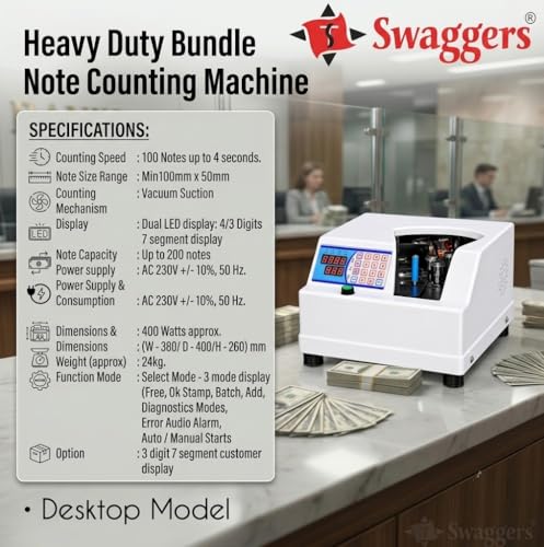 Image of swaggers Heavy Duty Bundle Note Counting Machine- Desktop Model (HIgh Speed, Counts 100 Notes Upto 4 Seconds) 200 Notes Capacity | Best for Banks, Retails, Cash Counters