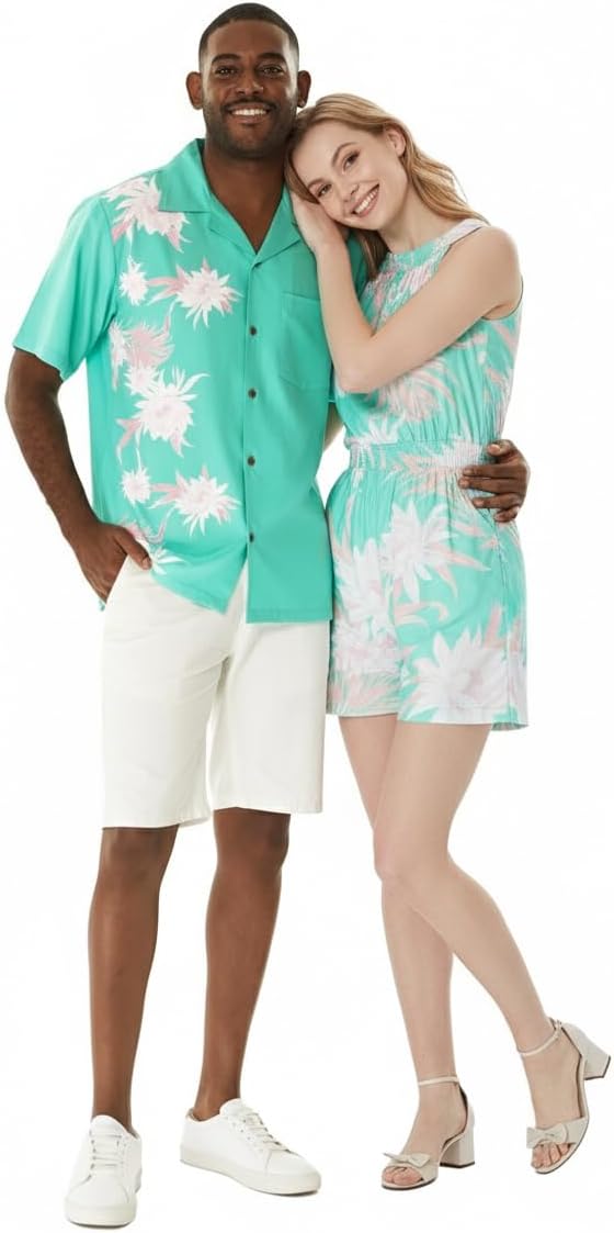 Matchable Couple Hawaiian Luau Men Side Panel Shirt or Women Breezy Island Romper in Wispy Cereus Palm Mist