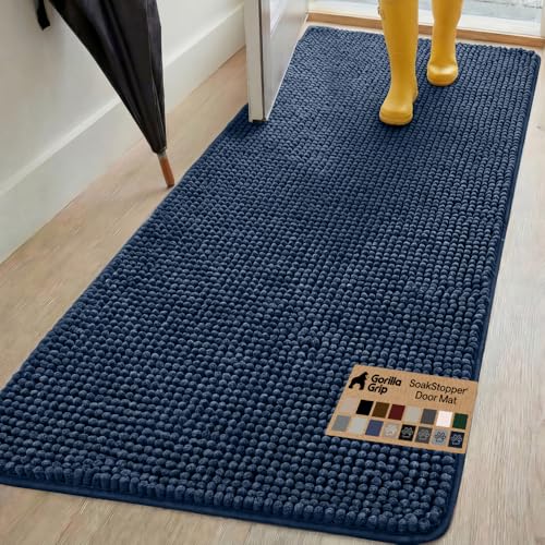 Image of GORILLA GRIP SoakSTOPPER Dog Door Mat, 70x24 Machine Washable Rug Absorbent Doormat Captures Moisture Mud Dirt, Quick Dry Soft Chenille Entryway Rugs Indoor Entrance Mats for Dog Paws, Navy Blue