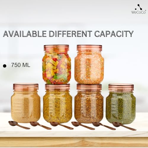 Image of Plastic Pet Storage Jar Set (750ml) with Spoons, Air-tight, Design - Kitchen Container (BROWN 3)